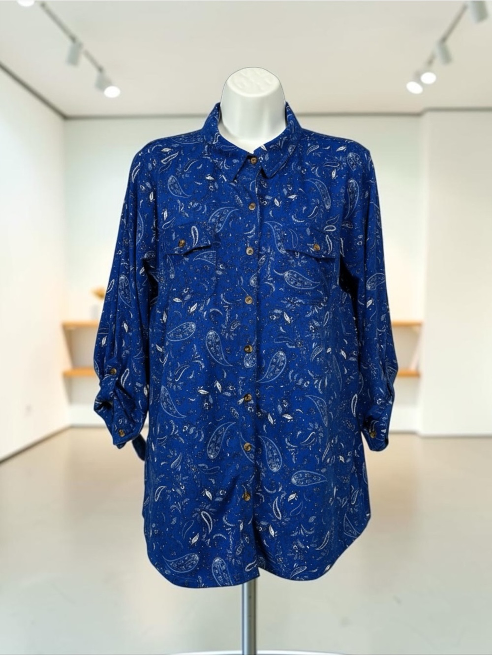 mySTYLE, Blue Button-Up Blouse, Size Medium, Soft Stretch Long Sleeve Shirt